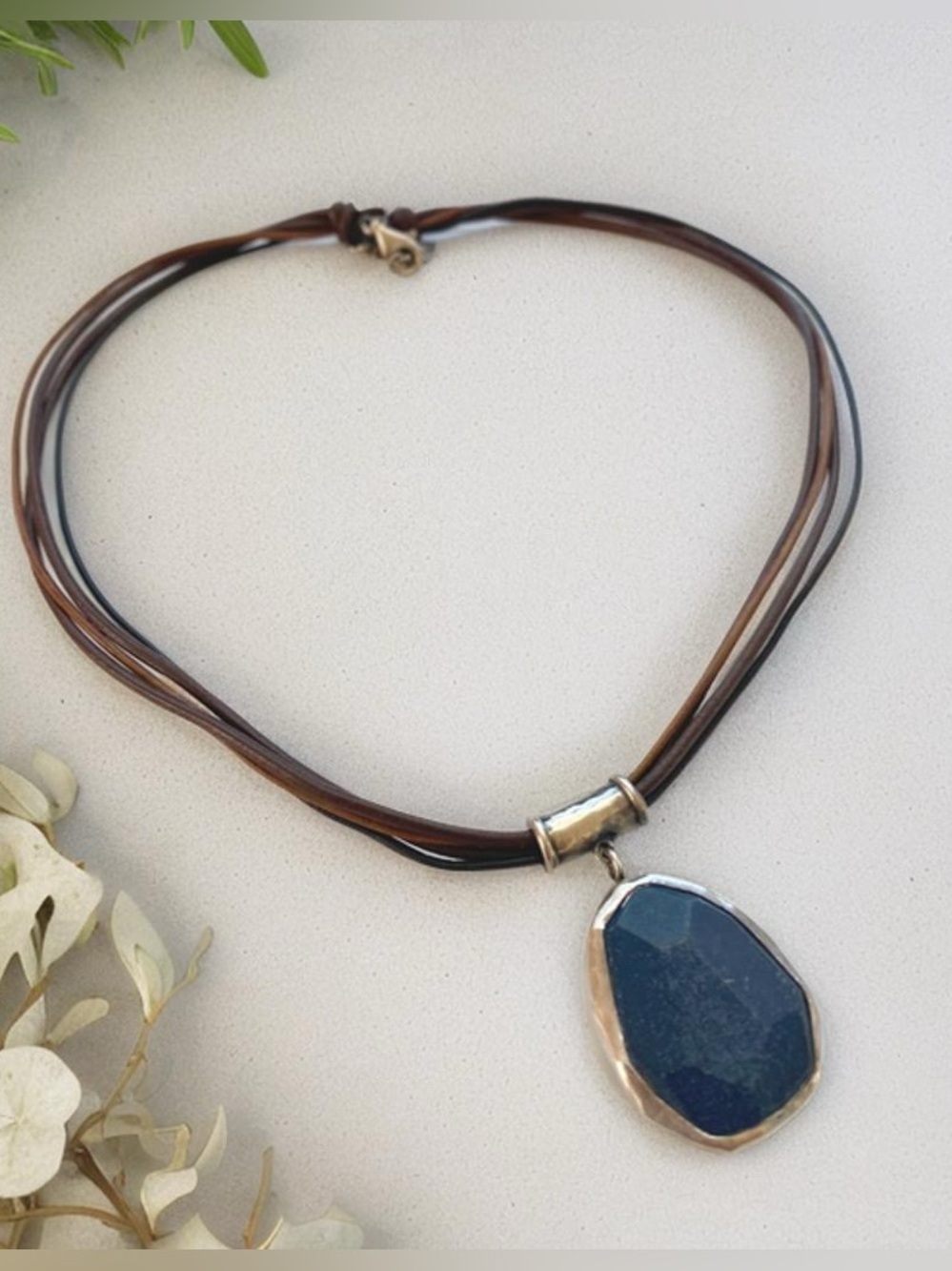 Leather Multi-Strand Necklace with Blue Jade Stone Pendant N1783